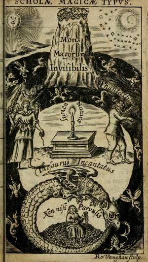 An elaborate allegorical engraving titled 'SCHOLÆ MAGICÆ TYPVS' (Type of the School of Magic). It features a central 'Invisible Mountain of the Magi' (Mons Magorum Invisibilis) topped with a cloud. Below the mountain, an angel on the left and a blindfolded man on the right flank an altar with a single candle labeled 'Lumen Naturæ' (Light of Nature). Surrounding this is an arch labeled 'Regio Phantastica' populated by monstrous creatures. At the bottom, a large dragon or Ouroboros encircles a child sitting on a heap of coins, with the legend 'Non nisi Parvulis' (Only for the little ones). Celestial bodies (Sun, Moon, and stars) appear in the upper corners.
