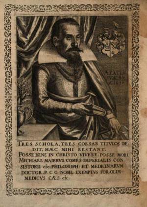 Engraved portrait of the alchemist and physician Michael Maier at age 49. He is depicted in a ruff and doublet, holding a book, with his coat of arms in the background. The entire composition is enclosed within a decorative floral border and includes a Latin inscription at the bottom.