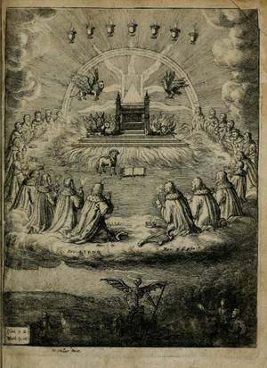 A complex 17th-century religious engraving by Wenceslaus Hollar. The upper register depicts a celestial scene from the Book of Revelation: the throne of God surrounded by a rainbow and seven burning lamps (representing the Seven Spirits of God). Four living creatures (lion, eagle, man, and ox) flank the throne. Below it, the Lamb of God stands near an open book, while twenty-four elders kneel in a circle, casting their crowns and offering prayers. The lower register presents a stark contrast, showing a winged skeletal figure of Death with a scythe presiding over a dark landscape where people dwell in shadow, illustrating the prophecies cited from Isaiah and Matthew regarding those who sit in darkness seeing a great light.