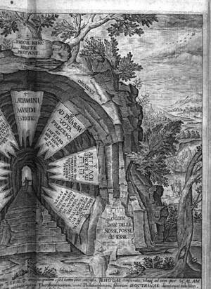 A complex allegorical emblem depicting the entrance to a cave or portal of wisdom, titled 'The Gate of Amphitheatrum'. Seven rays of text (divine laws) emanate from the opening. On the right, a landscape with a town, figures, and birds. In the foreground, a figure enters the long perspective of a hall. The scene is rich with hermetic and alchemical symbolism.