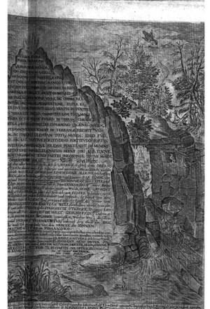 A complex alchemical landscape engraving. On the left, a large rock face is inscribed with the Latin text of the 'Emerald Tablet' of Hermes Trismegistus, followed by a German translation and a quote from the 'Pimander'. The landscape features a river with swans, a crab on the shore, a phoenix/eagle flying towards the sun, and small figures of horsemen and travelers in the background.