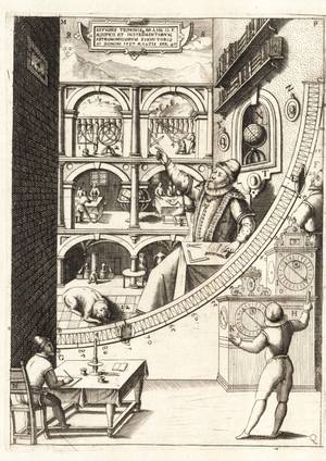 An elaborate engraving of Tycho Brahe seated at a desk, gesturing toward a large mural quadrant (a brass arc mounted on a wall) used for determining the positions of stars. The background depicts the interior of his observatory, Uraniborg, with multiple levels showing assistants at work with various scientific instruments, clocks, and chemical apparatus. The foreground shows assistants recording observations and a dog sleeping at Tycho's feet.