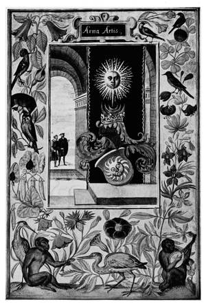 The 'Arma Artis' (Arms of the Art) alchemical emblem from the Splendor Solis manuscript. The central image depicts a heraldic shield bearing a sun with a human face, topped by a helmet, a crescent moon crown, and a radiant sun above. In the background, two men in period clothing are seen through an archway. The entire scene is enclosed within a lavishly decorated border containing detailed botanical illustrations and various animals, including an owl, a heron, and monkeys—one of which is playing a lute.