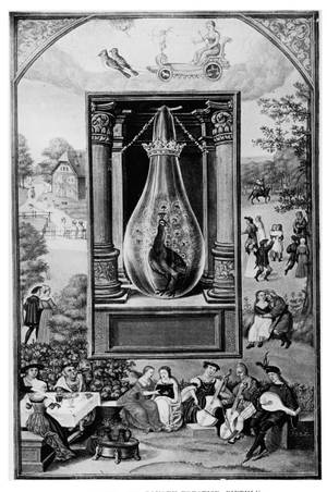 A reproduction of Plate 16 from the 1582 manuscript 'Splendor Solis'. The central emblem depicts a peacock inside a glass flask (cucurbit) crowned with gold, situated between two ornate architectural columns. Above the flask, a celestial chariot pulled by two birds carries the goddess Venus and Cupid. The scene is framed by elaborate genre paintings: on the left, a rural scene with a farmhouse and travelers; on the right, dancers and a rider; and at the bottom, a festive banquet with musicians playing the lute and viola da gamba. The date '1582' is inscribed in the lower corners of the inner frame.