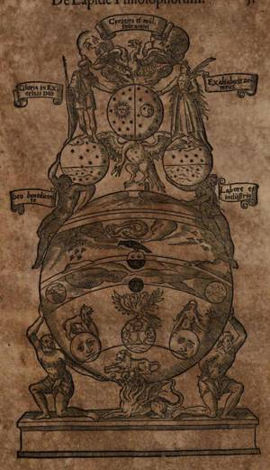 A complex alchemical emblem representing the stages of the Great Work. It features a large central sphere supported by two figures, containing symbolic imagery such as a crow (Nigredo), a white bird (Albedo), a phoenix (Rubedo), the sun and moon, and lions. Above the sphere, several celestial globes and figures of a king and queen represent alchemical principles. The entire structure is adorned with Latin banners and rests on a pedestal featuring a multi-headed dragon.