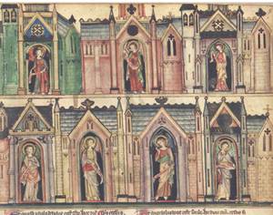 The seven angels of the churches of Asia standing in Gothic architectural niches, holding scrolls with the names of the churches: Ephesus, Smyrna, Pergamum, Thyatira, Sardis, Philadelphia, and Laodicea.
