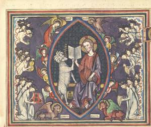 A large rectangular miniature depicting Christ in Majesty within a blue mandorla, seated on a throne and holding an open book. A white lamb with seven horns and seven eyes (Agnus Dei) climbs onto his lap. The mandorla is surrounded by the four winged creatures (Tetramorph) and the twenty-four elders holding harps and vials. Small labels with 'amẽ' and 'amen' are placed around the central figure.