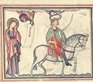 A large rectangular framed miniature illustrating Revelation 6:1-2. On the left, John the Evangelist stands in robes, holding a book and gesturing towards the vision. Above him, the first living creature (a winged lion) emerges from a cloud, holding a scroll that reads 'Ueni et uide' (Come and see). In the center, the first Horseman of the Apocalypse rides a white horse; he is crowned by an angel leaning from heaven and holds a bow in his left hand. The background is a plain parchment with a wavy ground line representing the earth.